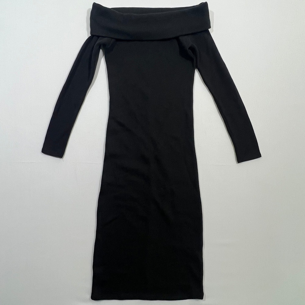 Zara Dress Womens Small Black Knit Off The Shoulder Long Sleeve Midi Bodycon S